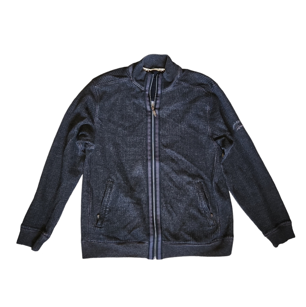 Tommy Bahama Mock Neck Zip Up Charcoal Grey Cotton Rib Knit Track Jacket M